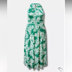 Torrid Tea Length Studio Knit Green Leaf Print Halter Dress